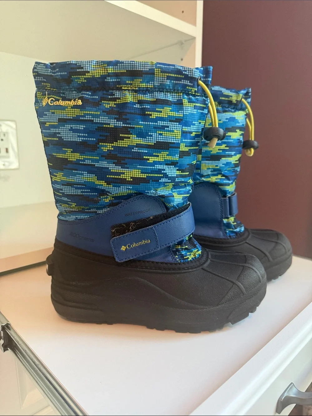Columbia Kids Blue Camo Snow Boots with Yellow Accents